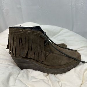 Fly London Suede Wedge Boot Fringe with Ties Brown Size 37